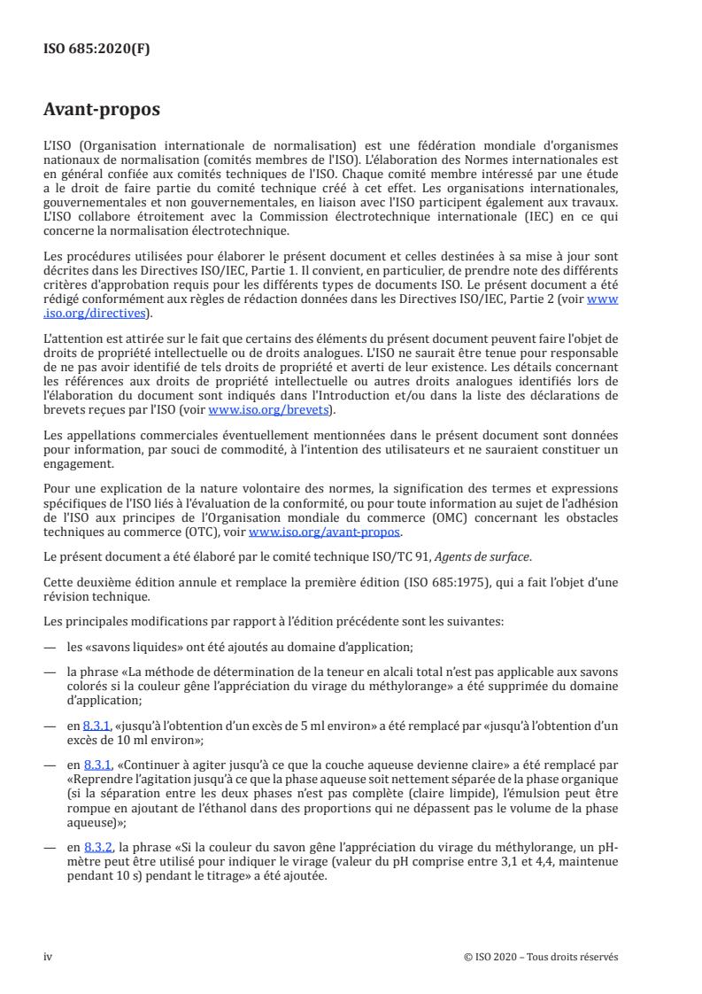 ISO 685:2020 ISO 685:2020 - Analyse des savons -- Détermination des teneurs en alcali total et en matiere grasse totale - Page 4 preview