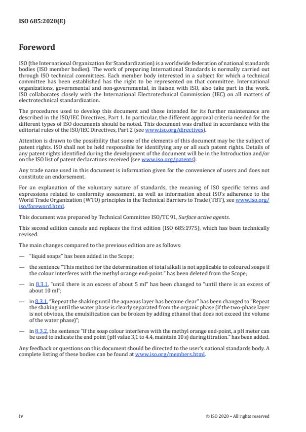 ISO 685:2020 ISO 685:2020 - Analysis of soaps -- Determination of total alkali content and total fatty matter content - Page 4 preview