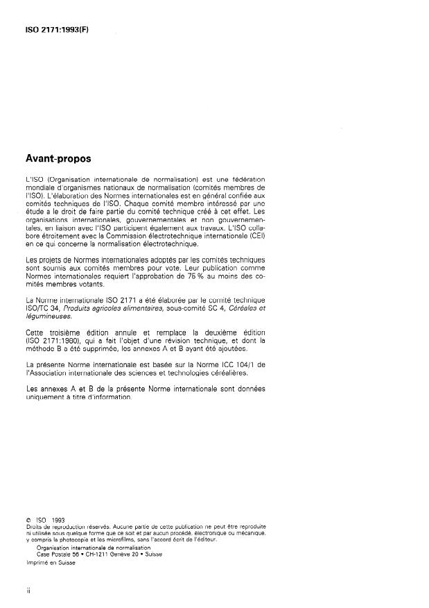 ISO 2171:1993 ISO 2171:1993 - Céréales et produits de mouture des céréales -- Dosage des cendres totales - Page 2 preview