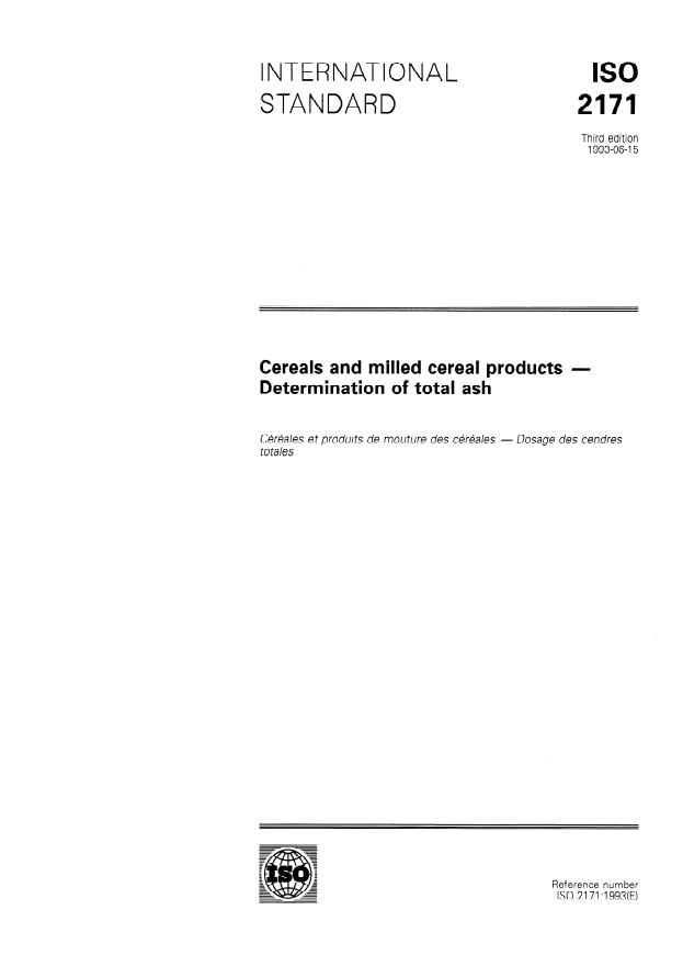 ISO 2171:1993 - Cereals and milled cereal products -- Determination of total ash