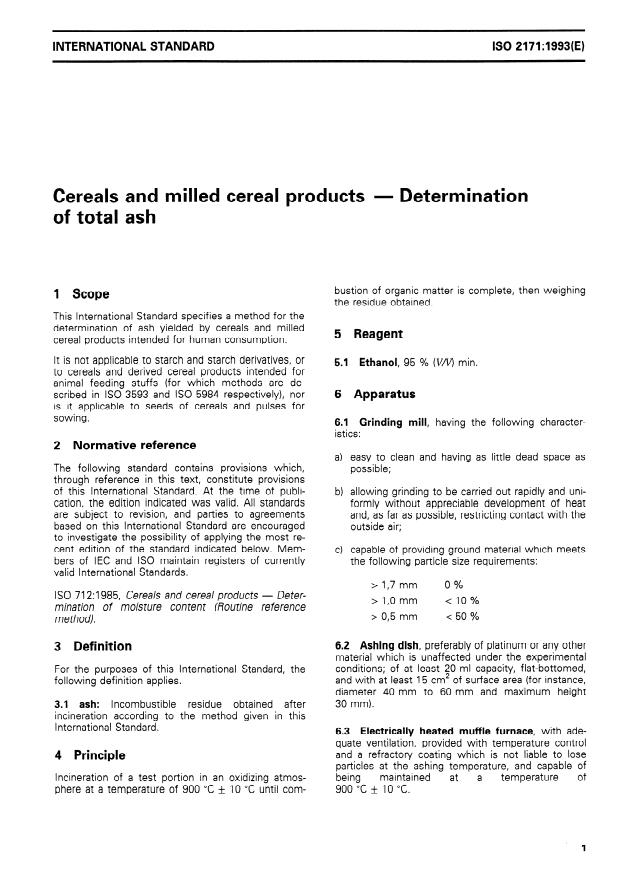 ISO 2171:1993 - Cereals and milled cereal products -- Determination of total ash