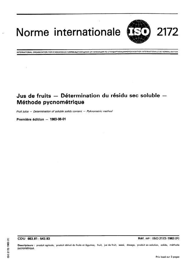 ISO 2172:1983 - Jus de fruits -- Détermination du résidu sec soluble -- Méthode pycnométrique