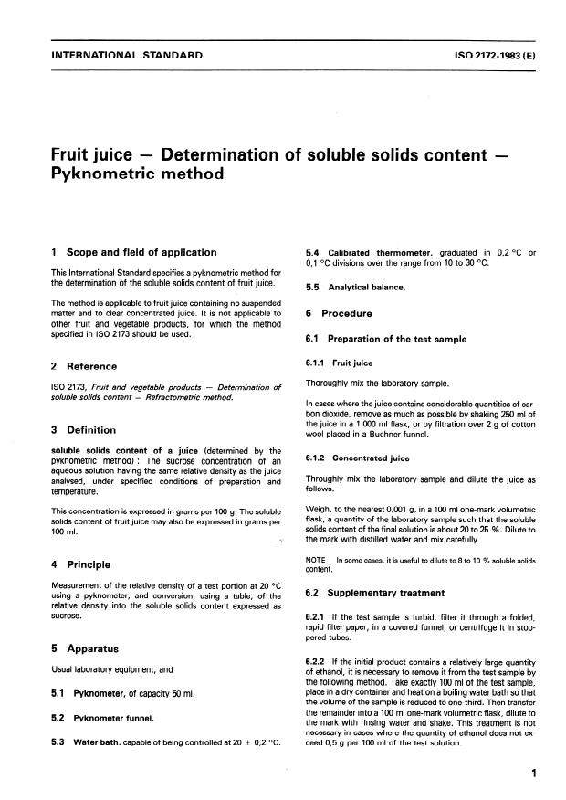 ISO 2172:1983 - Fruit juice -- Determination of soluble solids content -- Pycnometric method