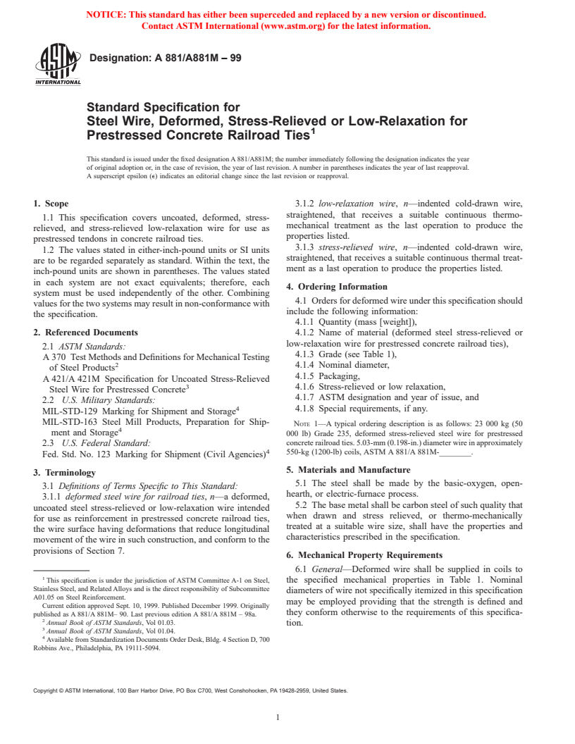 ASTM A881/A881M-99 - Standard Specification for Steel Wire, Deformed, Stress-Relieved or Low-Relaxation for Prestressed Concrete Railroad Ties