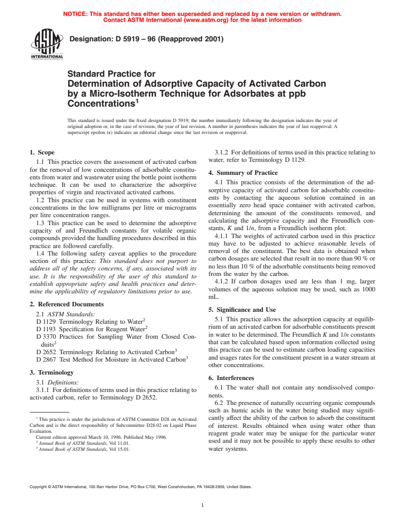 ASTM D5919-96(2001) - Standard Practice for Determination of Adsorptive Capacity of Activated Carbon by a Micro-Isotherm Technique for Adsorbates at ppb Concentrations