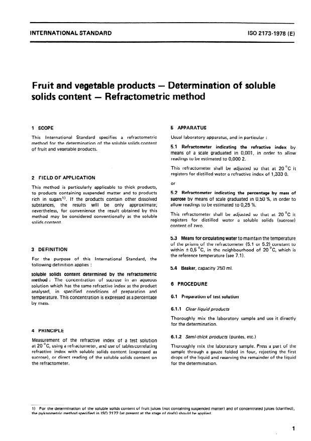 ISO 2173:1978 - Fruit and vegetable products -- Determination of soluble solids content -- Refractometric method
