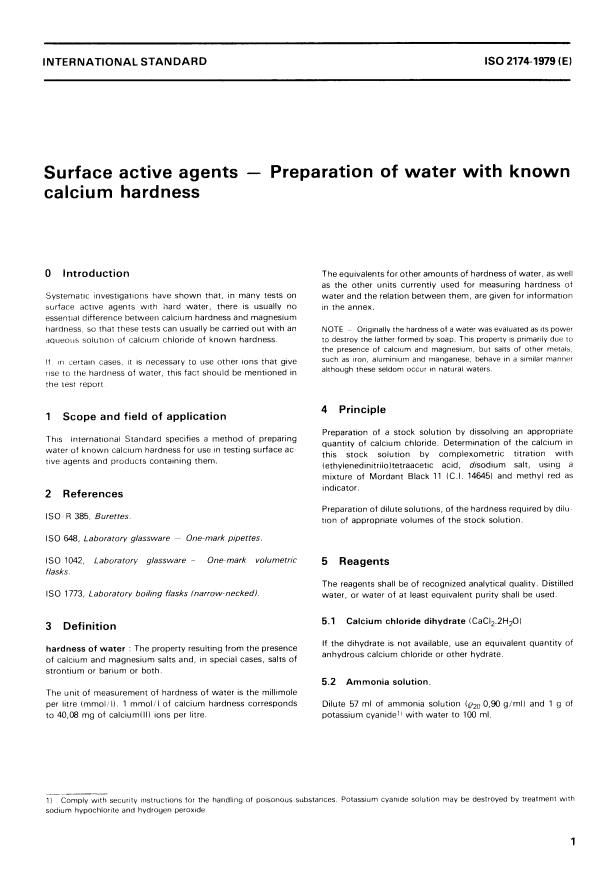 ISO 2174:1979 - Surface active agents -- Preparation of water with known calcium hardness