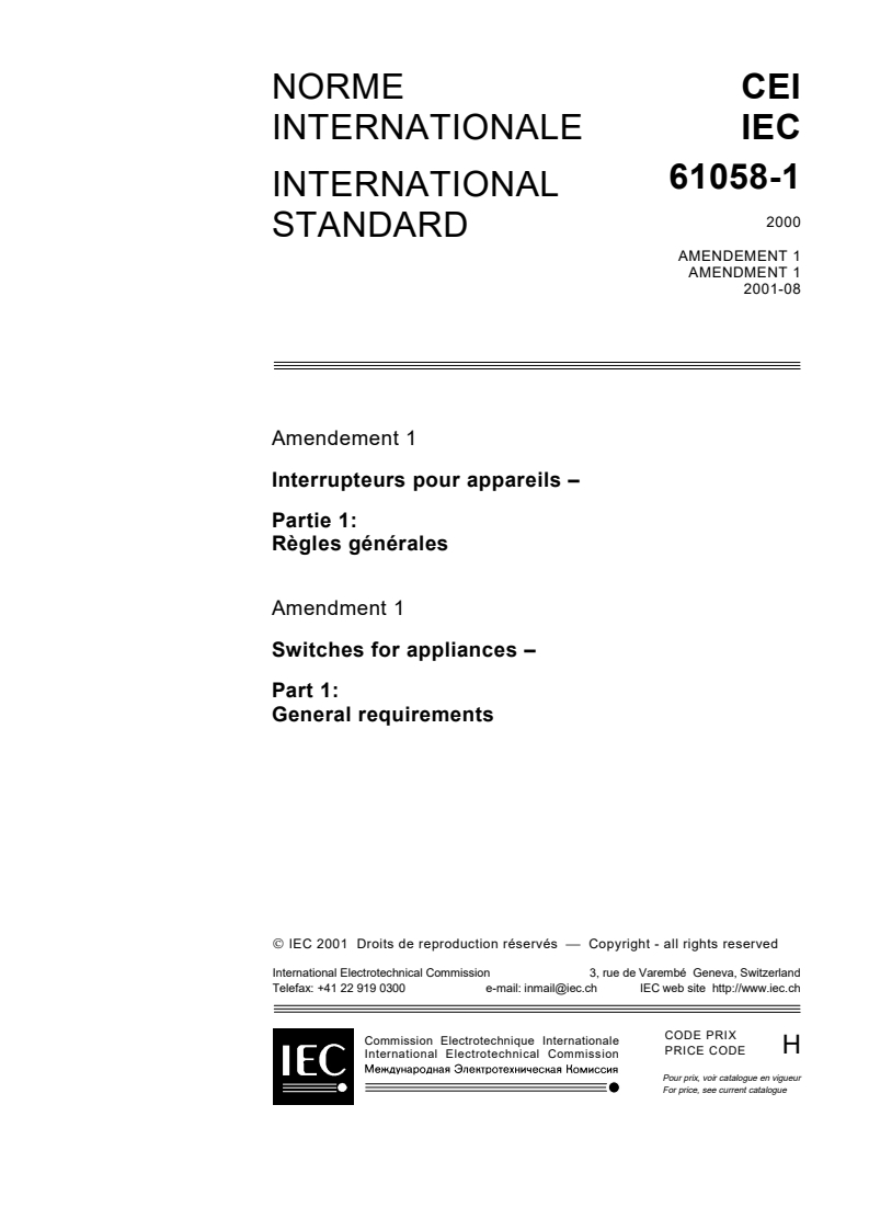 IEC 61058-1:2000/AMD1:2001 - Amendment 1 - Switches for appliances - Part 1: General requirements
Released:8/9/2001
Isbn:2831859077