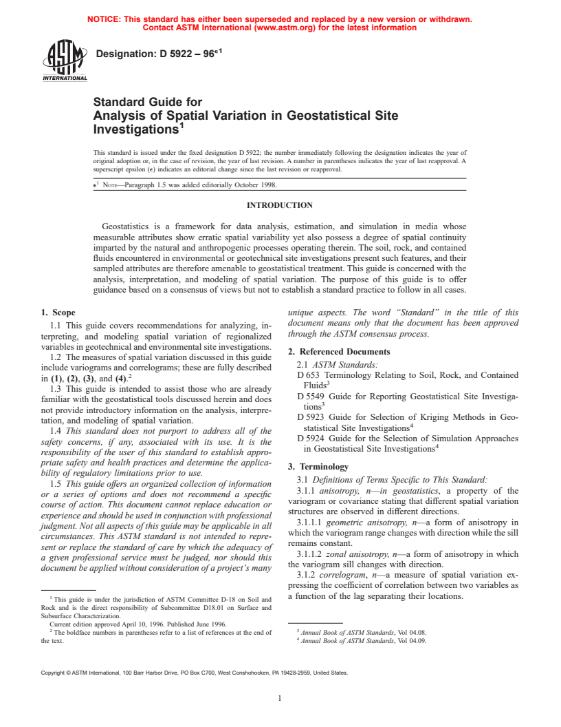 ASTM D5922-96e1 - Standard Guide for Analysis of Spatial Variation in Geostatistical Site Investigations