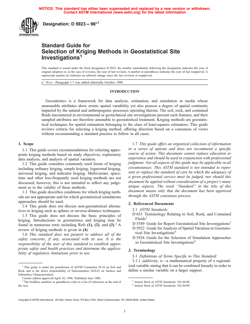 ASTM D5923-96e1 - Standard Guide for Selection of Kriging Methods in Geostatistical Site Investigations