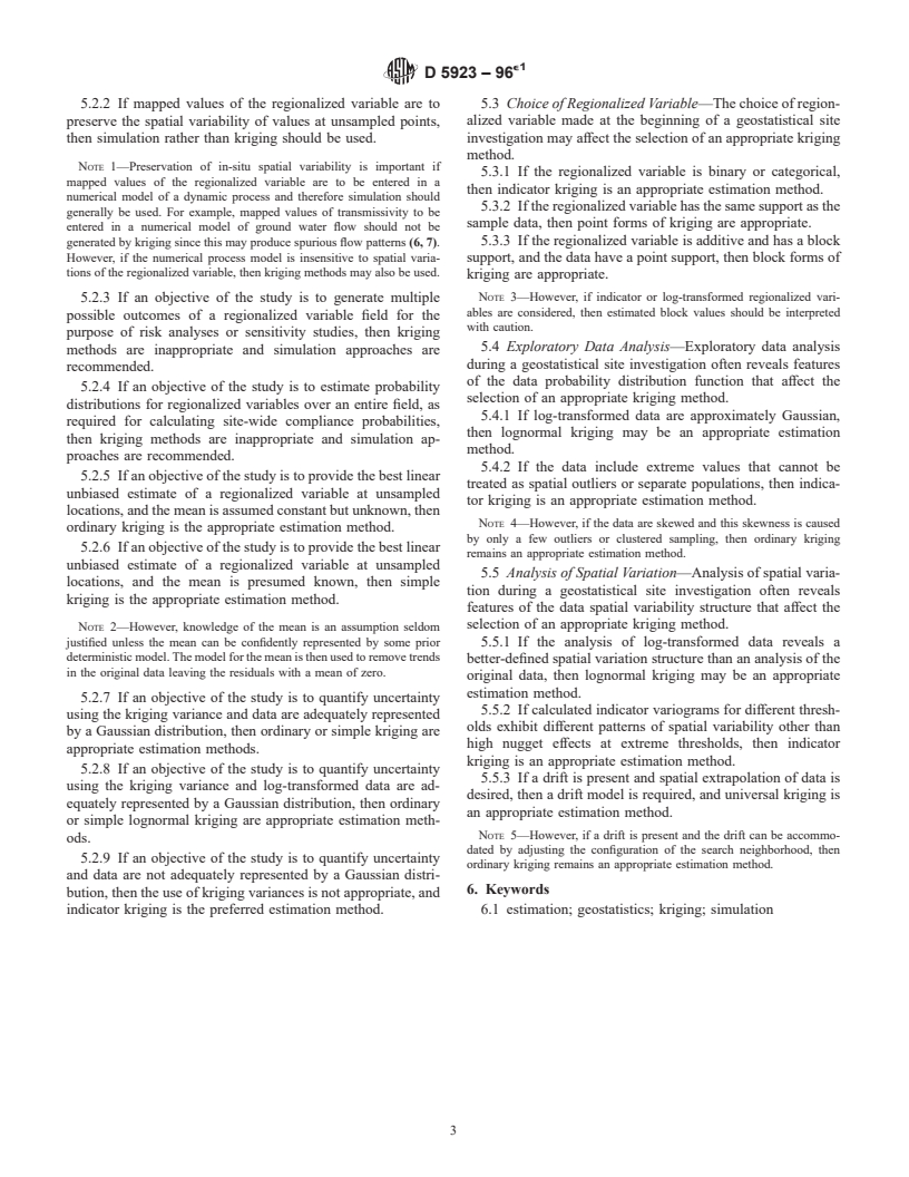 ASTM D5923-96e1 - Standard Guide for Selection of Kriging Methods in Geostatistical Site Investigations