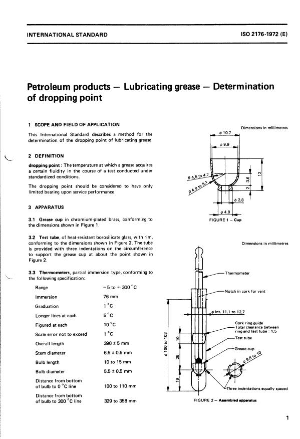 ISO 2176:1972 - Petroleum products -- Lubricating grease -- Determination of dropping point