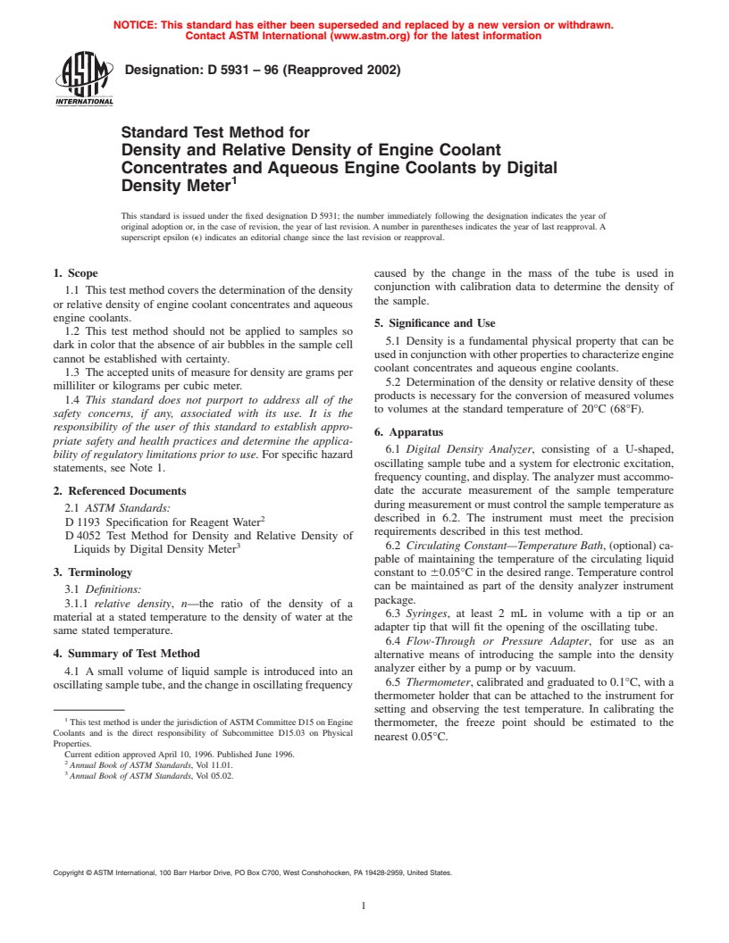 ASTM D5931-96(2002) - Standard Test Method for Density and Relative Density of Engine Coolant Concentrates and Aqueous Engine Coolants by Digital Density Meter