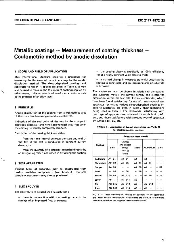 ISO 2177:1972 - Metallic coatings -- Measurement of coating thickness -- Coulometric method by anodic dissolution