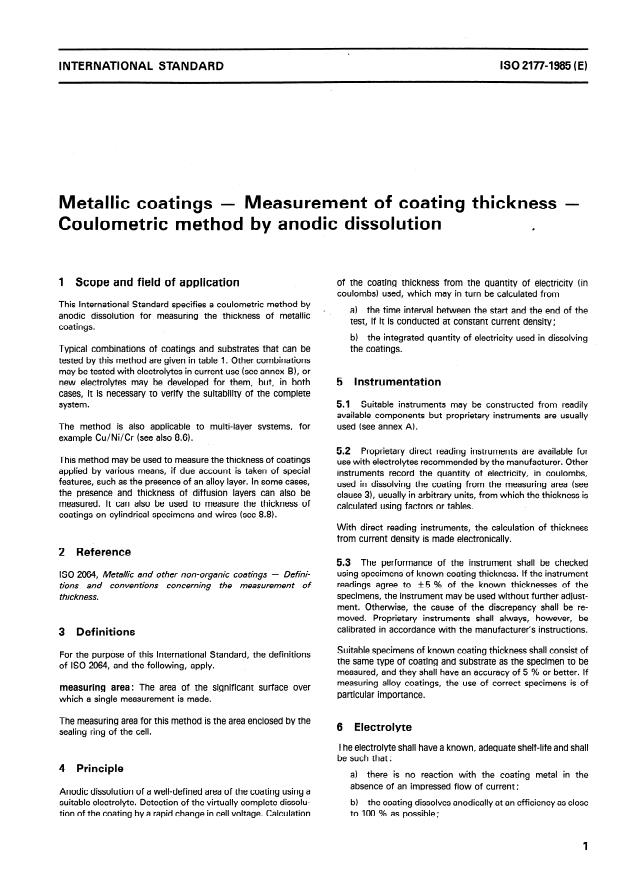 ISO 2177:1985 - Metallic coatings -- Measurement of coating thickness -- Coulometric method by anodic dissolution
