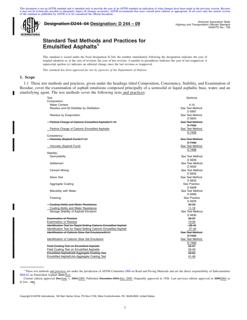 REDLINE ASTM D244-09 - Standard Test Methods and Practices for Emulsified Asphalts