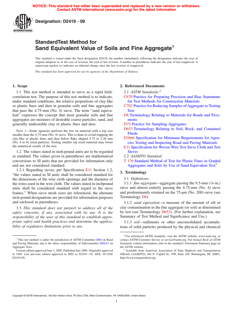 ASTM D2419-09 - Standard Test Method for Sand Equivalent Value of Soils and Fine Aggregate