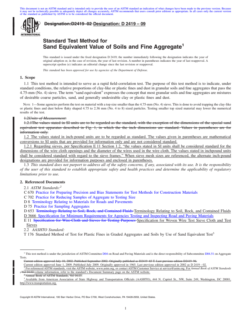 REDLINE ASTM D2419-09 - Standard Test Method for Sand Equivalent Value of Soils and Fine Aggregate