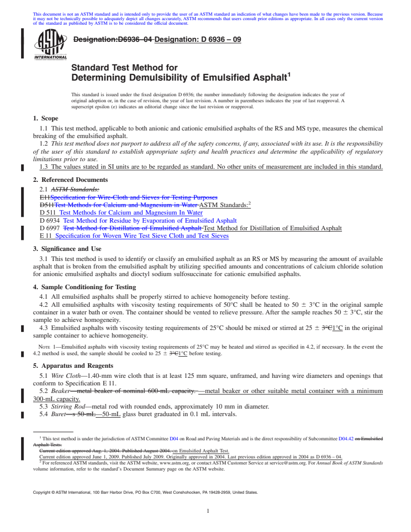 REDLINE ASTM D6936-09 - Standard Test Method for Determining Demulsibility of Emulsified Asphalt