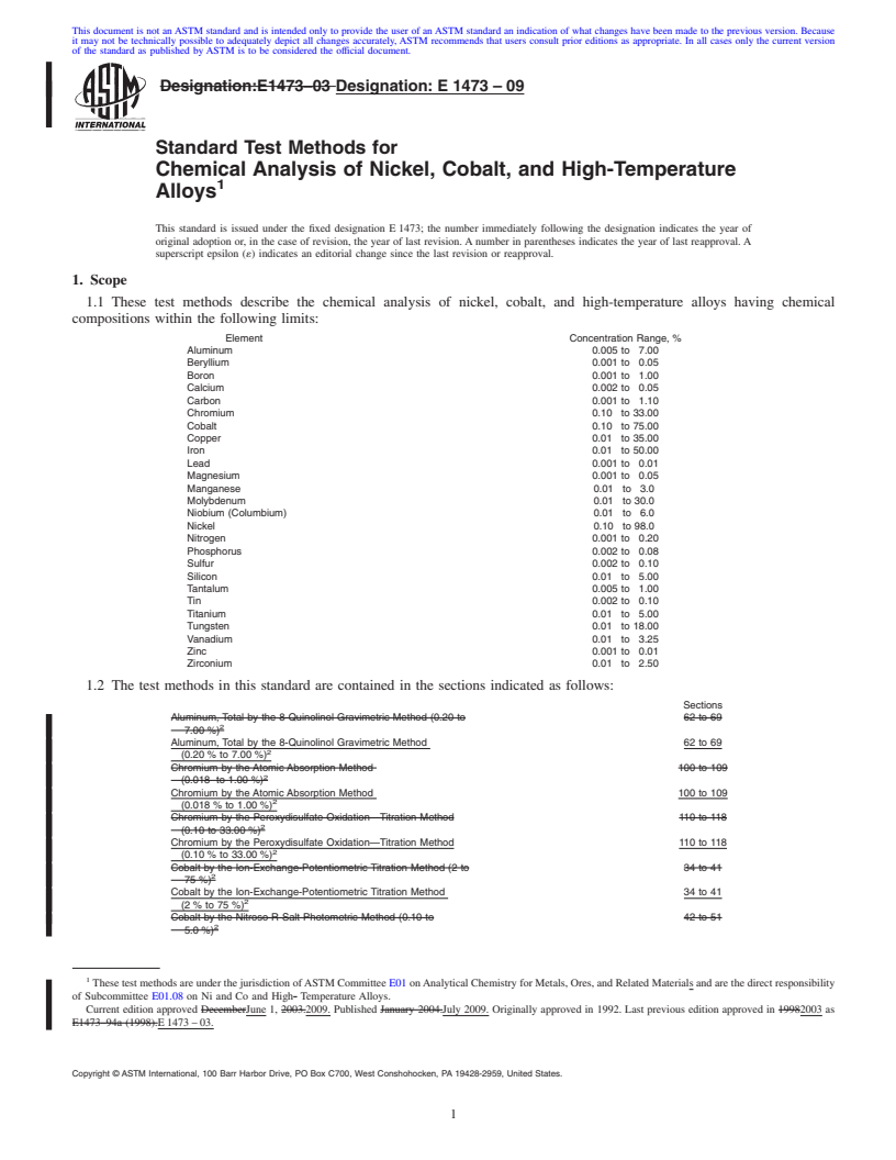 REDLINE ASTM E1473-09 - Standard Test Methods for Chemical Analysis of Nickel, Cobalt, and High-Temperature Alloys