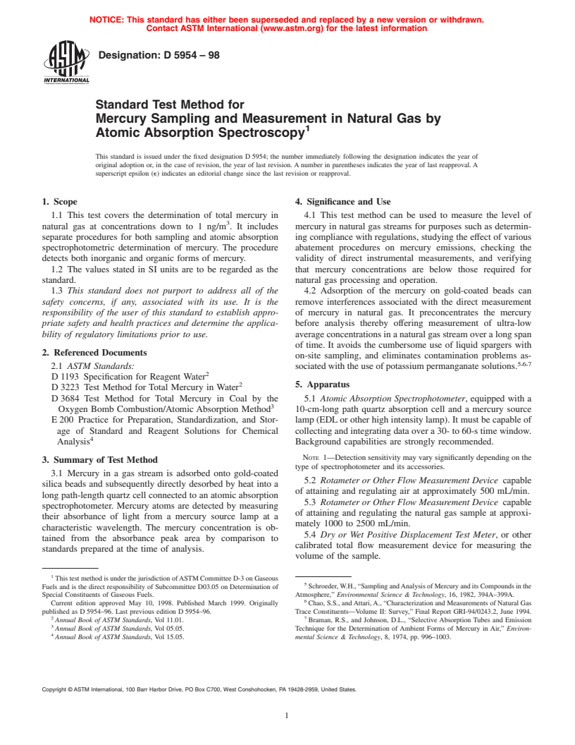 ASTM D5954-98 - Standard Test Method for Mercury Sampling and Measurement in Natural Gas by Atomic Absorption Spectroscopy