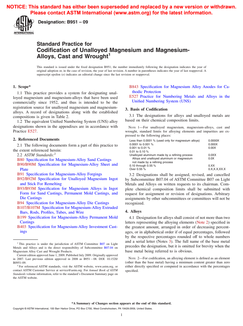 ASTM B951-09 - Standard Practice for Codification of Unalloyed Magnesium and Magnesium-Alloys, Cast and Wrought