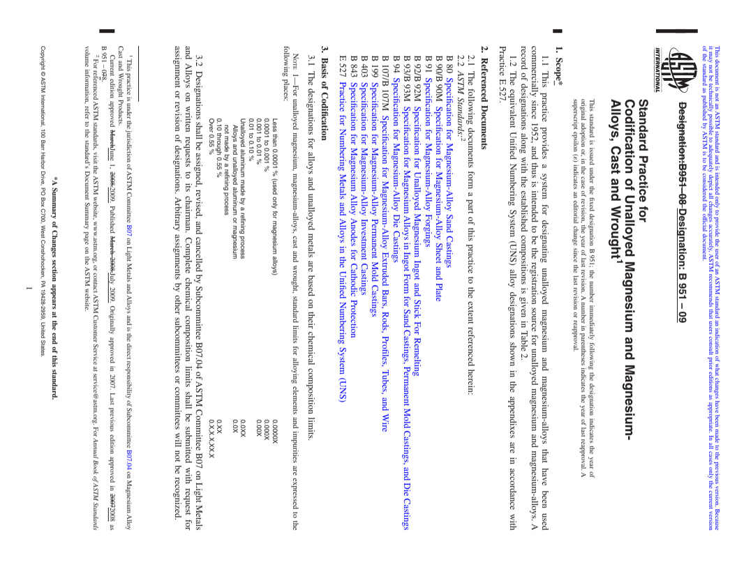 REDLINE ASTM B951-09 - Standard Practice for Codification of Unalloyed Magnesium and Magnesium-Alloys, Cast and Wrought