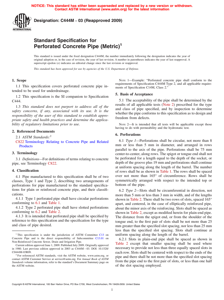 ASTM C444M-03(2009) - Standard Specification for Perforated Concrete Pipe (Metric)