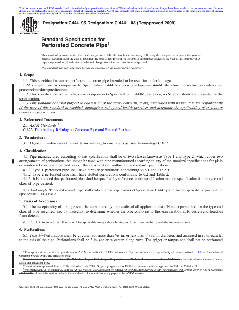 REDLINE ASTM C444-03(2009) - Standard Specification for Perforated Concrete Pipe