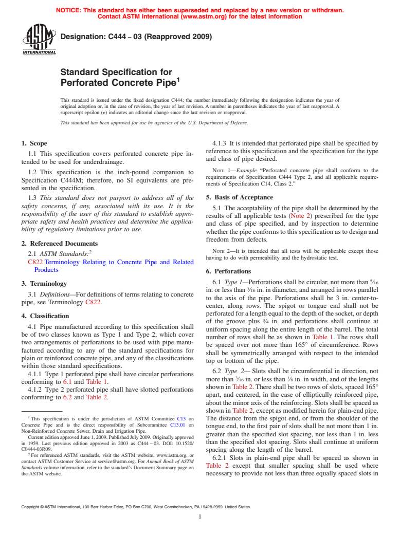 ASTM C444-03(2009) - Standard Specification for Perforated Concrete Pipe