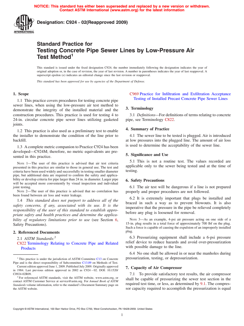 ASTM C924-02(2009) - Standard Practice for Testing Concrete Pipe Sewer Lines by Low-Pressure Air Test Method (Withdrawn 2013)