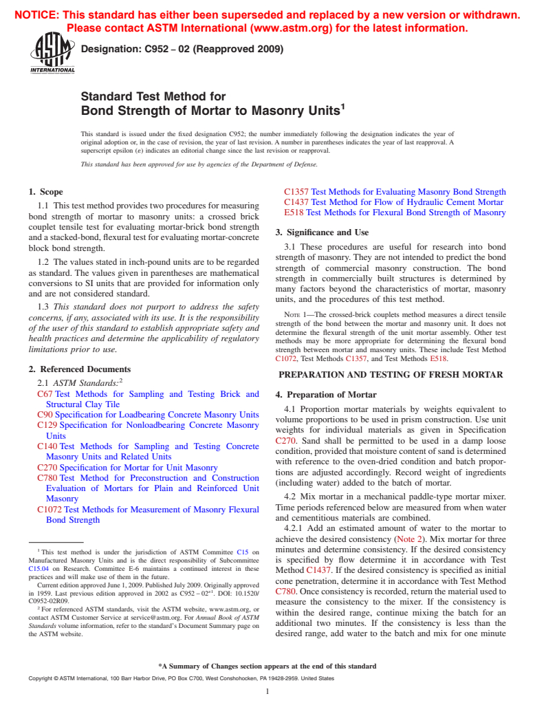 ASTM C952-02(2009) - Standard Test Method for Bond Strength of Mortar to Masonry Units