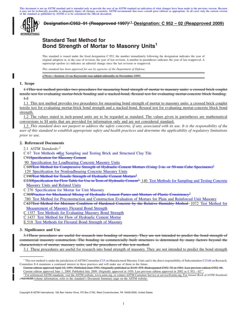 REDLINE ASTM C952-02(2009) - Standard Test Method for Bond Strength of Mortar to Masonry Units