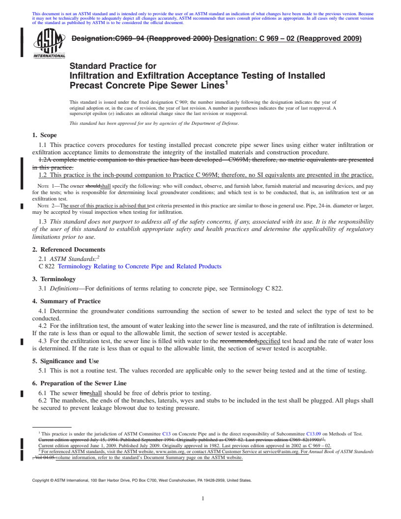 REDLINE ASTM C969-02(2009) - Standard Practice for Infiltration and Exfiltration Acceptance Testing of Installed Precast Concrete Pipe Sewer Lines