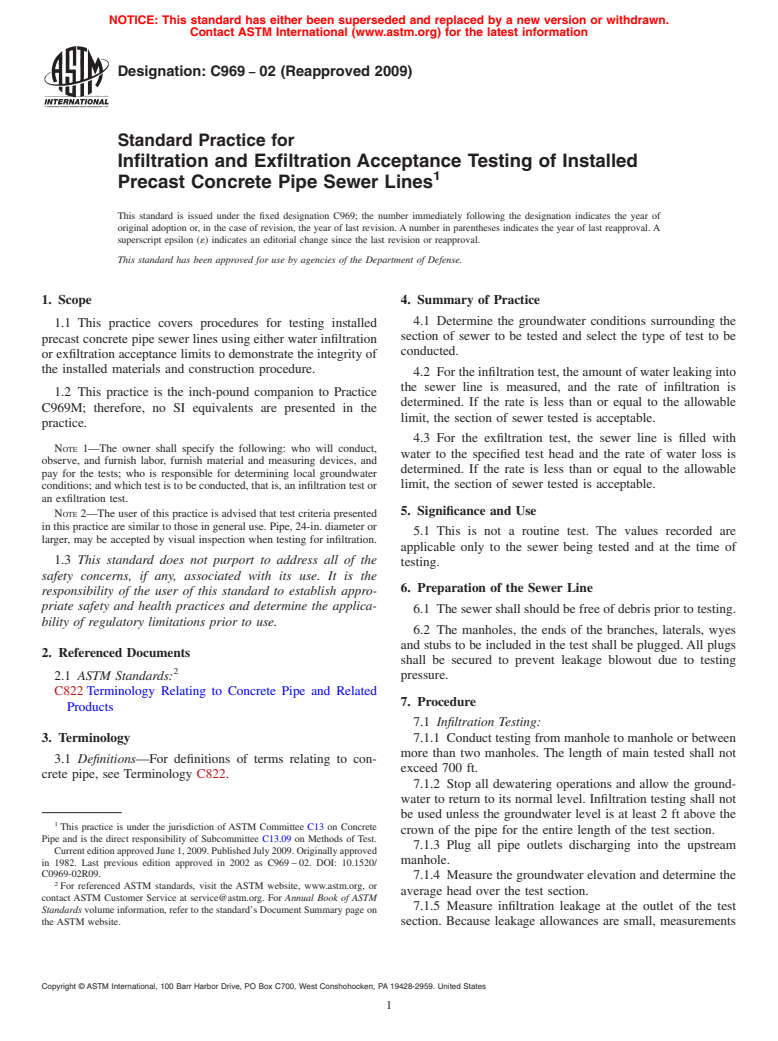 ASTM C969-02(2009) - Standard Practice for Infiltration and Exfiltration Acceptance Testing of Installed Precast Concrete Pipe Sewer Lines