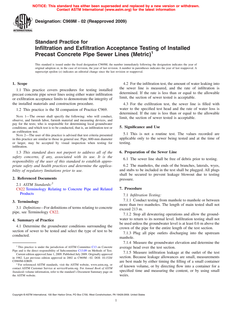 ASTM C969M-02(2009) - Standard Practice for Infiltration and Exfiltration Acceptance Testing of Installed Precast Concrete Pipe Sewer Lines (Metric)