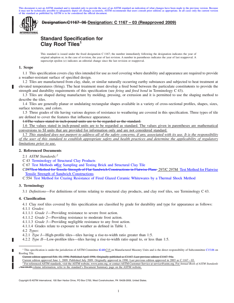 REDLINE ASTM C1167-03(2009) - Standard Specification for Clay Roof Tiles