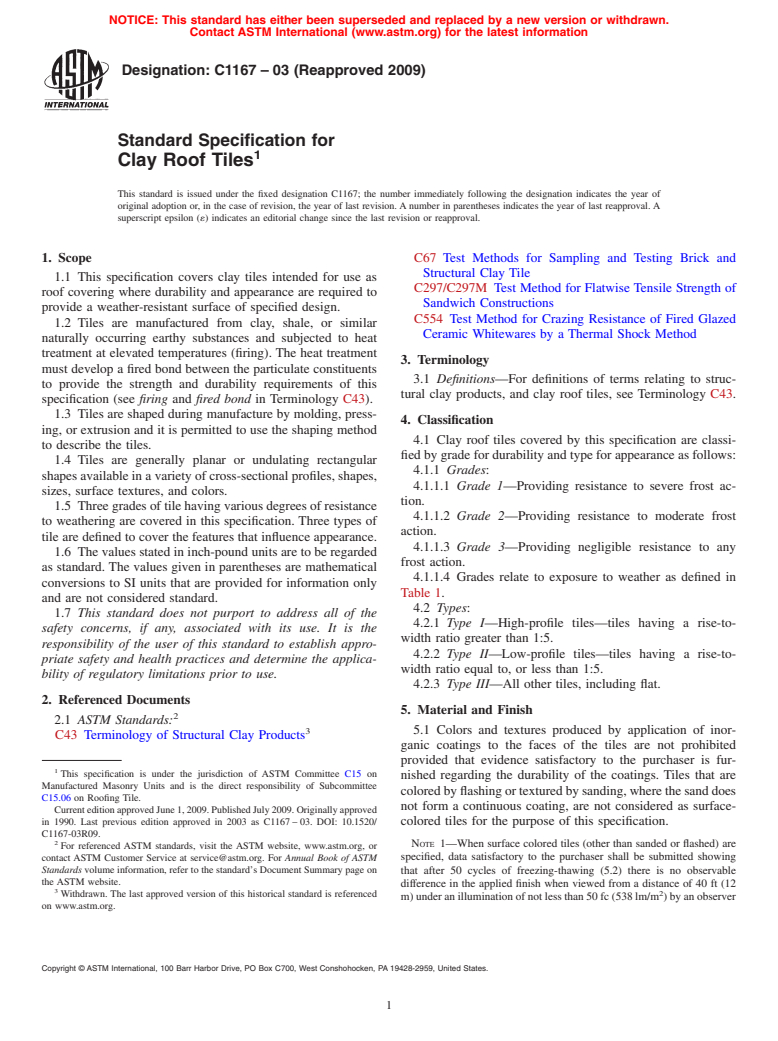 ASTM C1167-03(2009) - Standard Specification for Clay Roof Tiles