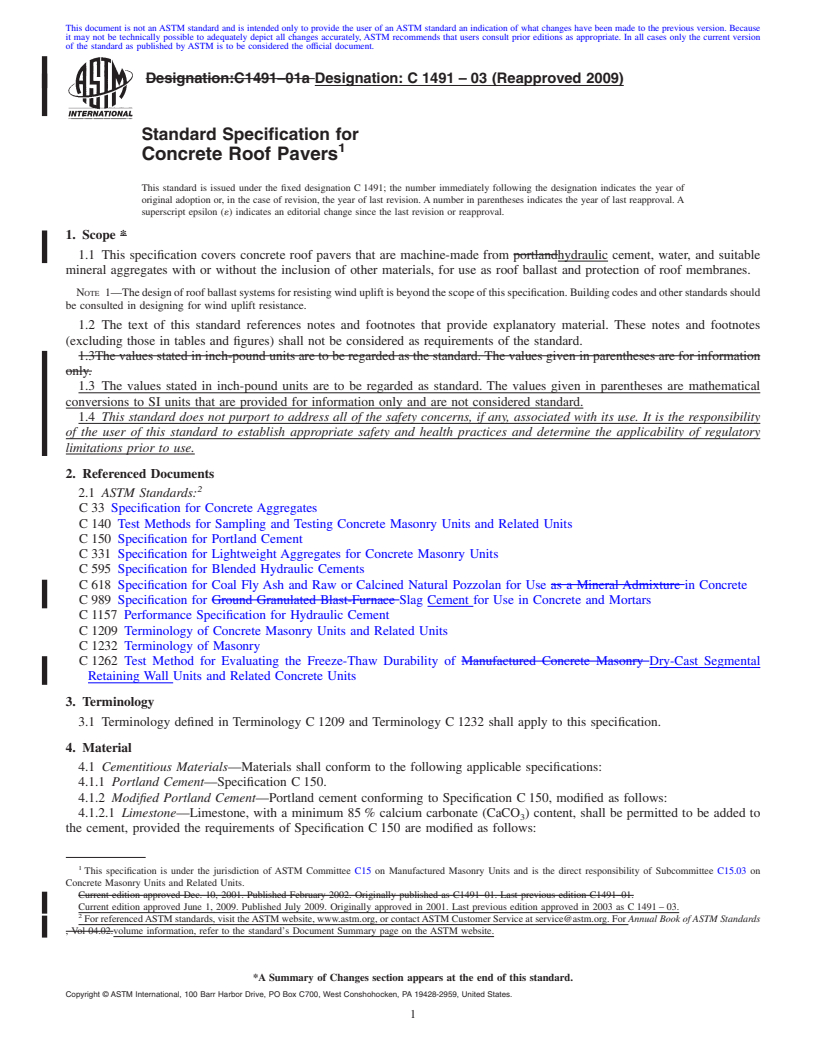 REDLINE ASTM C1491-03(2009) - Standard Specification for Concrete Roof Pavers