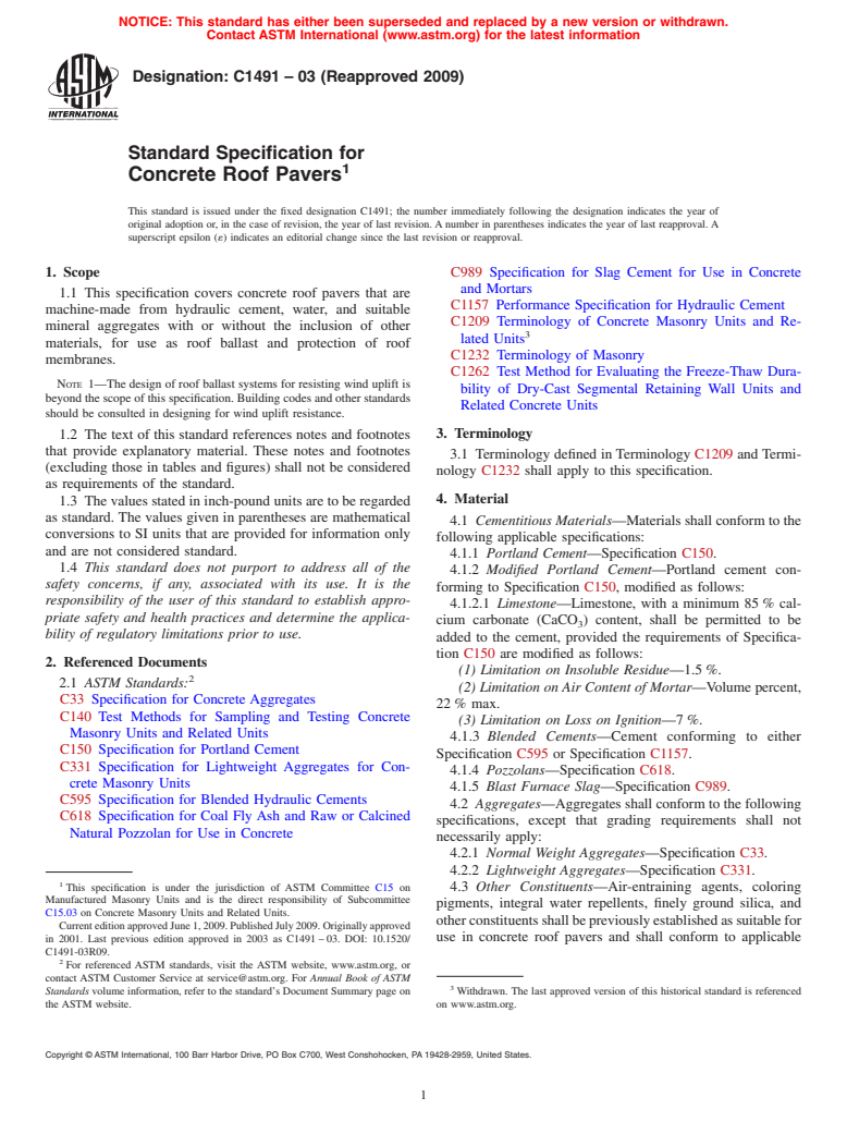 ASTM C1491-03(2009) - Standard Specification for Concrete Roof Pavers