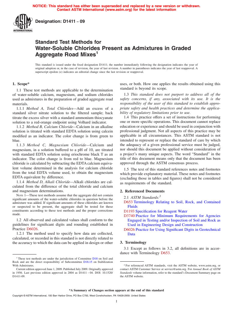 ASTM D1411-09 - Standard Test Methods for Water-Soluble Chlorides Present as Admixtures in Graded Aggregate Road Mixes (Withdrawn 2018)