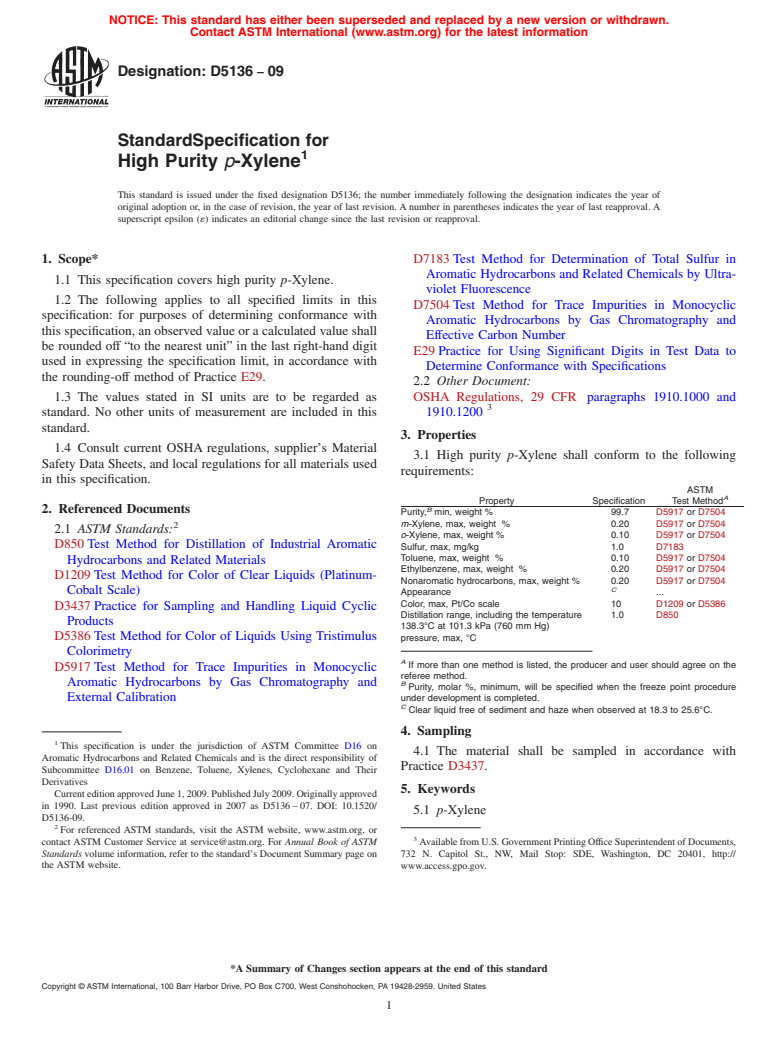 ASTM D5136-09 - Standard Specification for High Purity <i>p</i>-Xylene