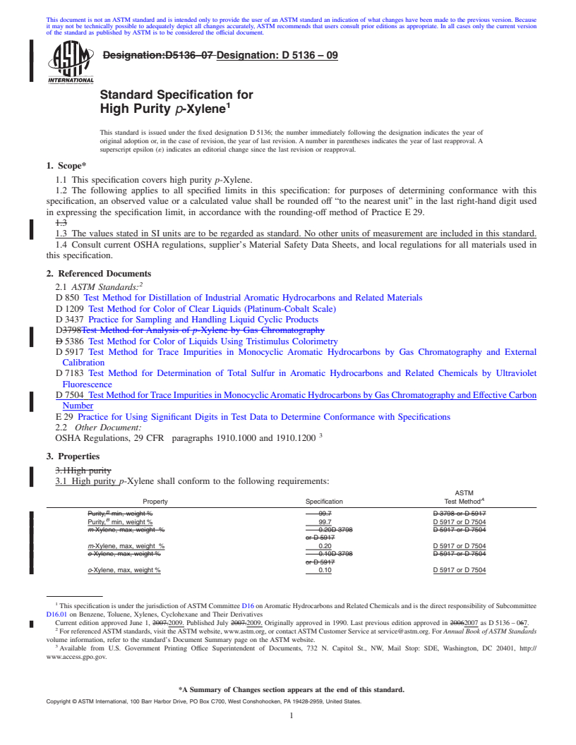 REDLINE ASTM D5136-09 - Standard Specification for High Purity <i>p</i>-Xylene