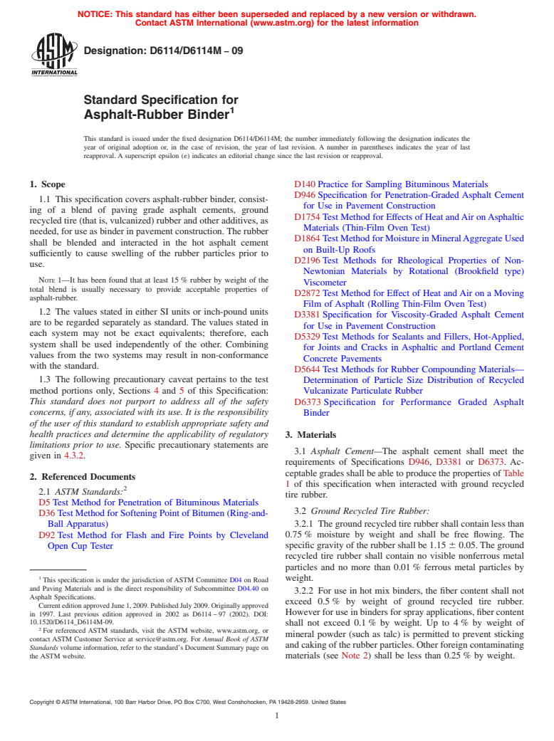 ASTM D6114/D6114M-09 - Standard Specification for Asphalt-Rubber Binder (Withdrawn 2018)