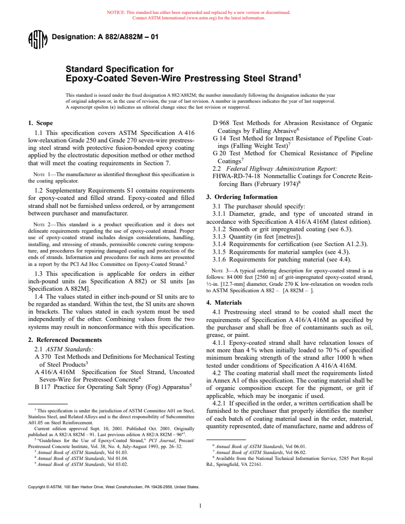 ASTM A882/A882M-01 - Standard Specification for Epoxy-Coated Seven-Wire Prestressing Steel Strand