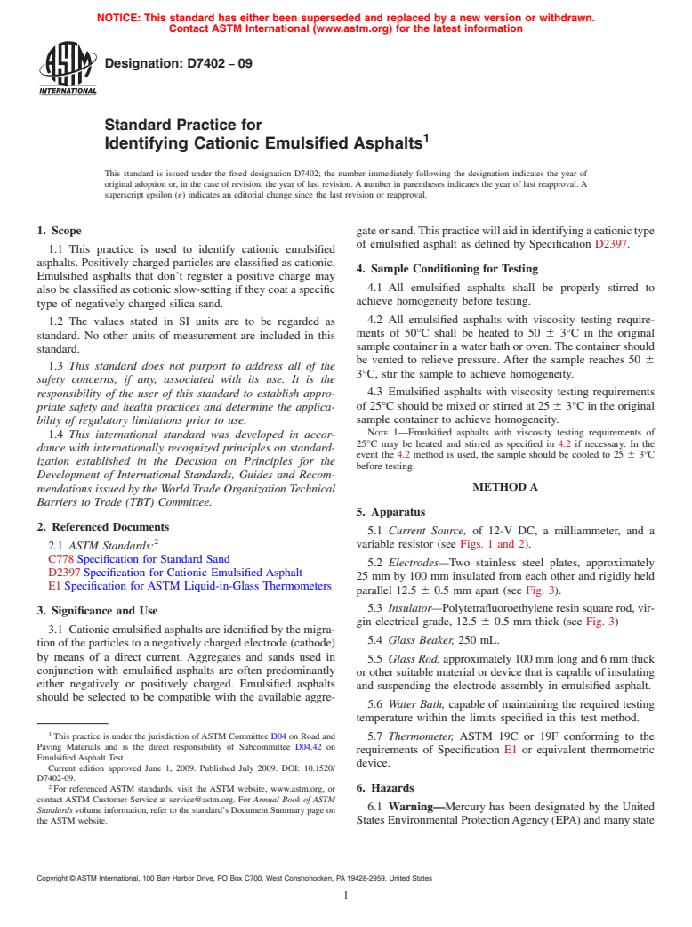 ASTM D7402-09 - Standard Practice for Identifying Cationic Emulsified Asphalts