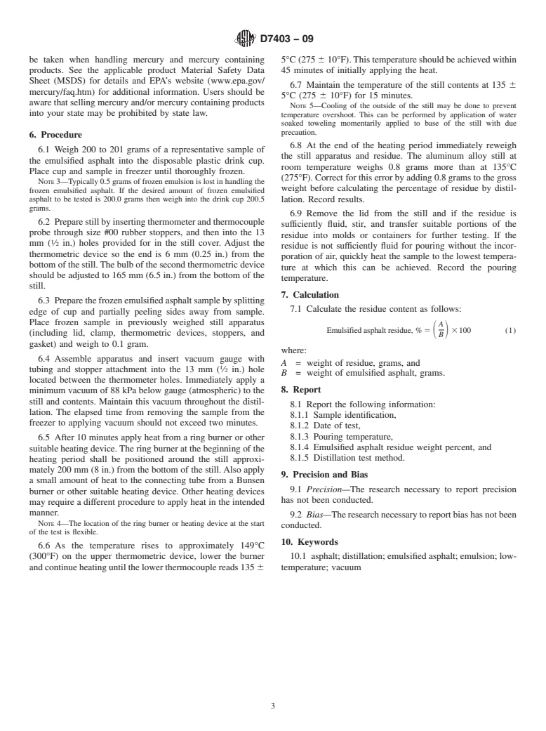 ASTM D7403-09 - Standard Test Method for Determination of Residue of Emulsified Asphalt by Low Temperature Vacuum Distillation