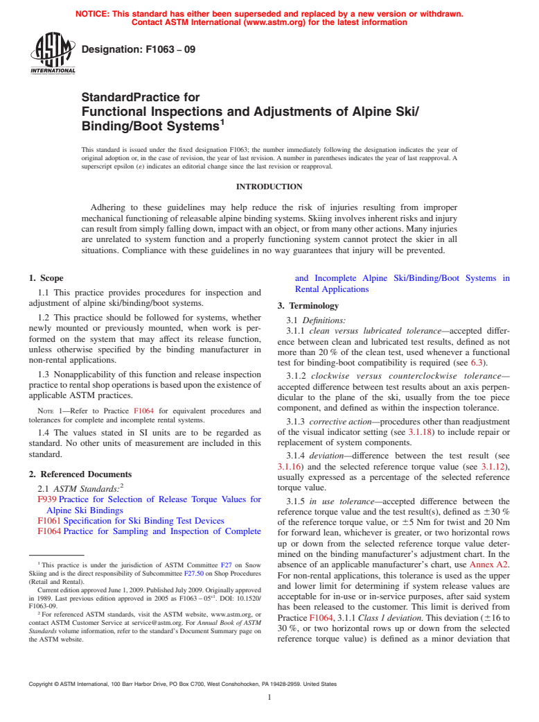 ASTM F1063-09 - Standard Practice for Functional Inspections and Adjustments of Alpine Ski/Binding/Boot Systems