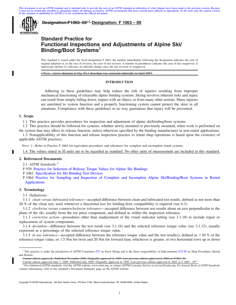 REDLINE ASTM F1063-09 - Standard Practice for Functional Inspections and Adjustments of Alpine Ski/Binding/Boot Systems