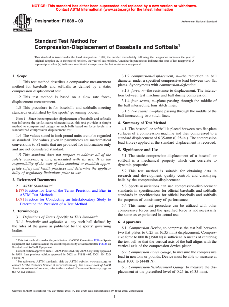 ASTM F1888-09 - Test Method for Compression-Displacement of Baseballs and Softballs
